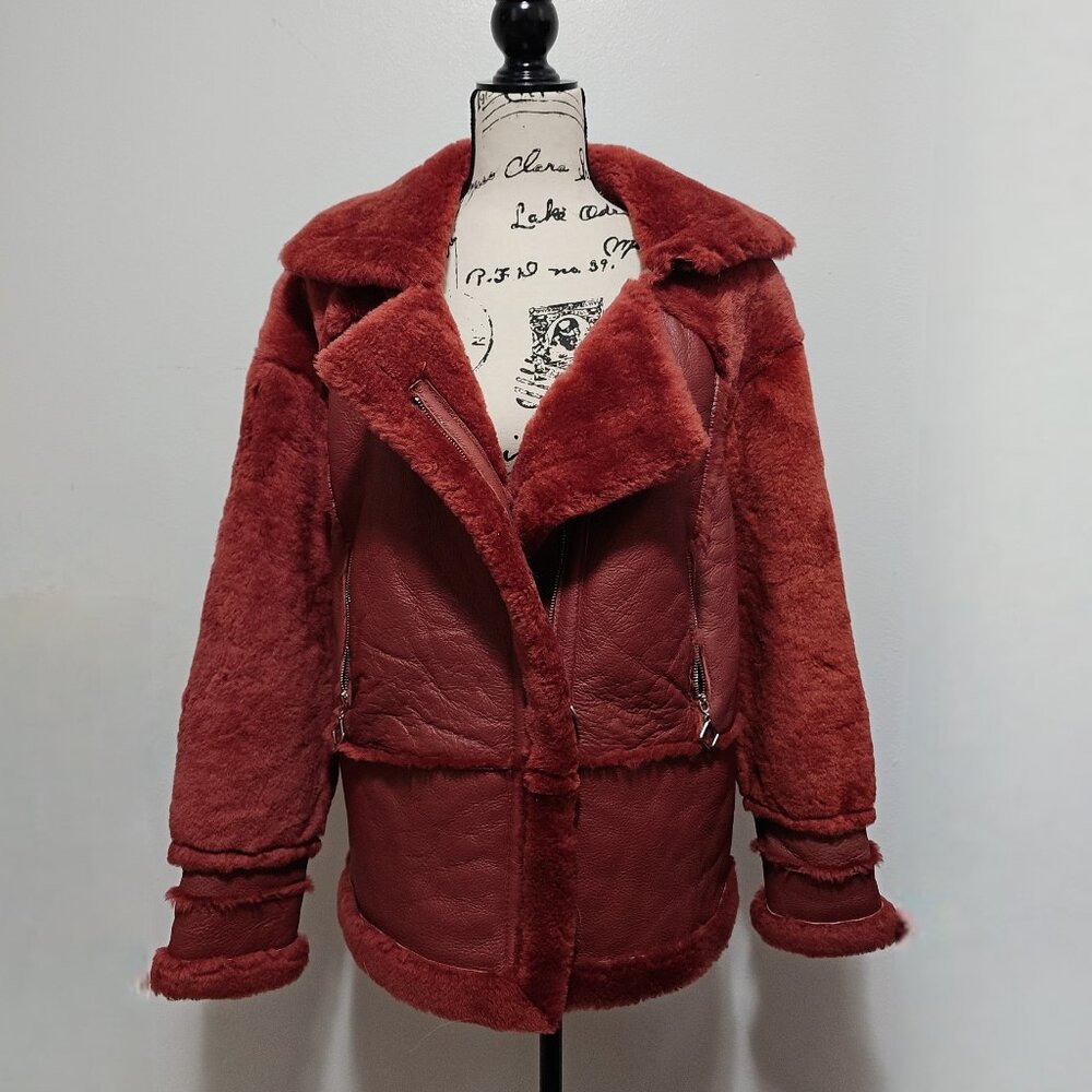 New Real Merino Sheepskin Shearling Lamb Fur Moto Racer Biker Jacket Plum Brick